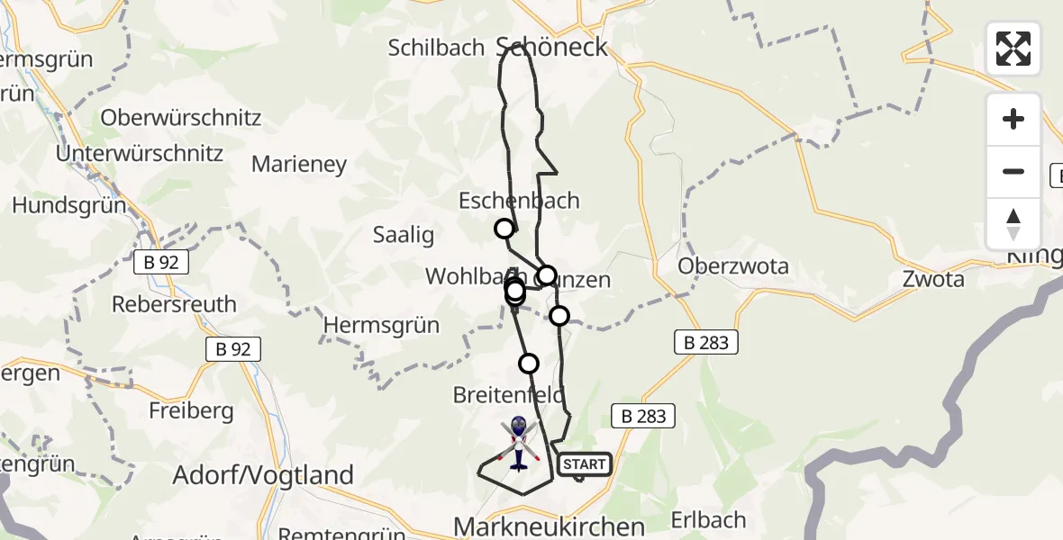 Flugroute Polizeihubschrauber Markneukirchen - Markneukirchen, 06 April 2026, 19:02