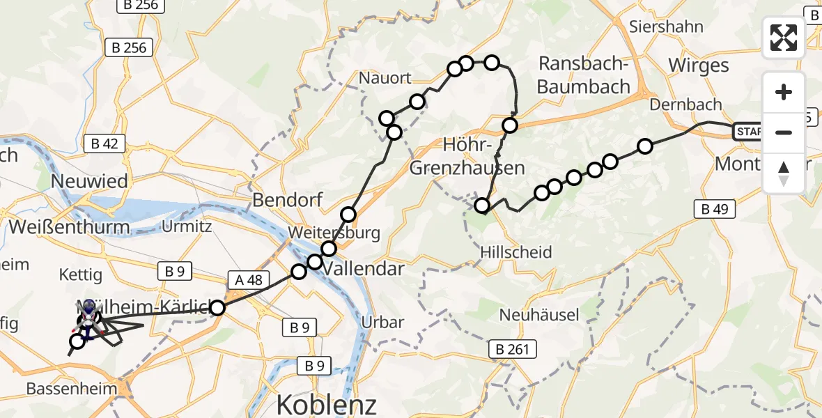 Flugroute Polizeihubschrauber Montabaur - Mülheim-Kärlich, 06 April 2026, 20:10