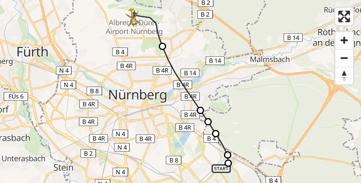 Flugroute Ambulanzhubschrauber Nürnberg South Hospital - Flughafen Nuremberg, 06 April 2026, 20:13