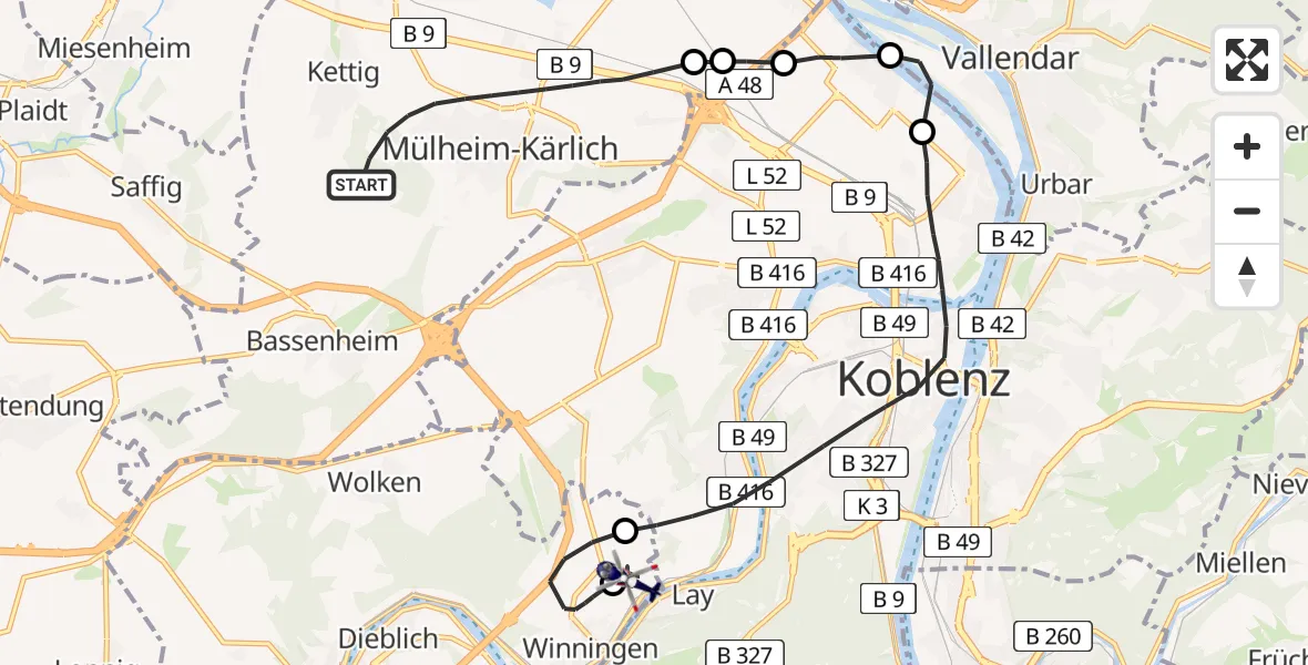 Flugroute Polizeihubschrauber Mülheim-Kärlich - Koblenz-Winningen Flugplatz, 06 April 2026, 20:46