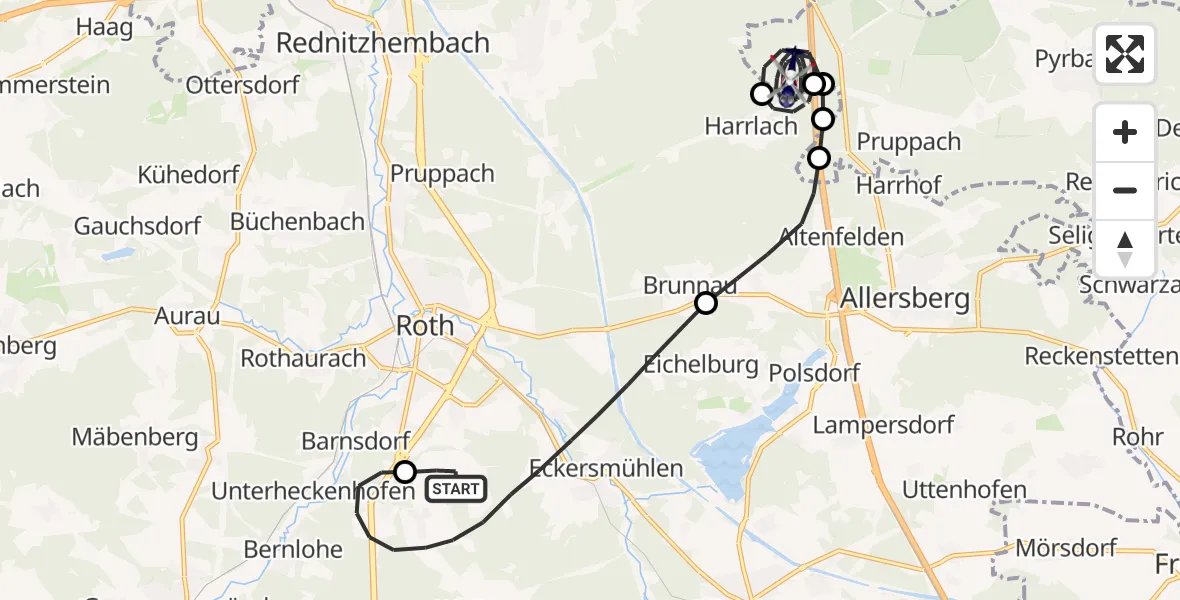 Flugroute Polizeihubschrauber Flugplatz Roth - Pyrbaum, 06 April 2026, 21:09