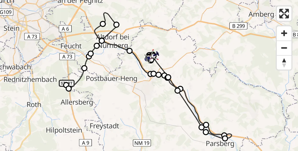 Flugroute Polizeihubschrauber Pyrbaum - Litzlohe UL, 06 April 2026, 21:30