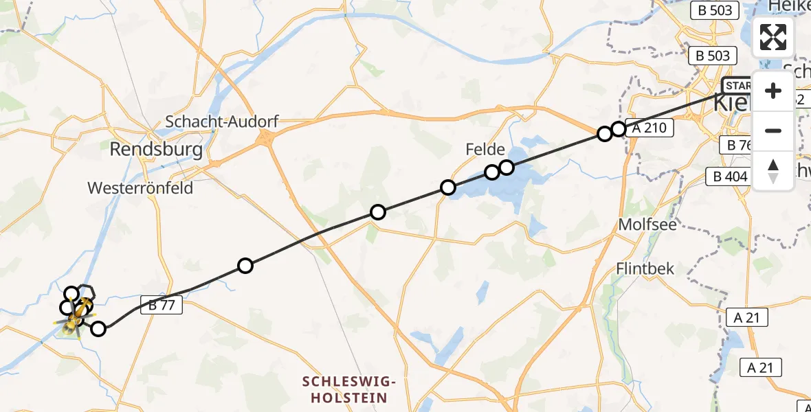 Flugroute Ambulanzhubschrauber Kiel - Rendsburg-Schachtholm Flugplatz, 06 April 2026, 23:10