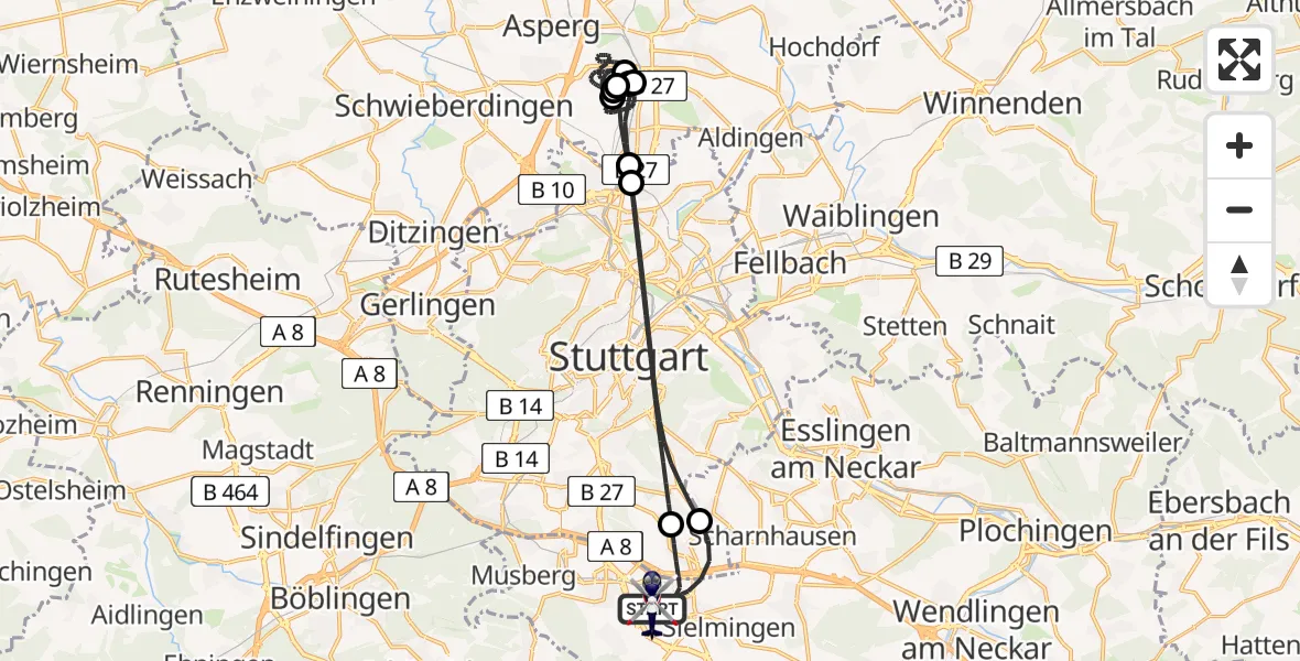 Flugroute Polizeihubschrauber Flughafen Stuttgart - Flughafen Stuttgart, 06 April 2026, 23:57