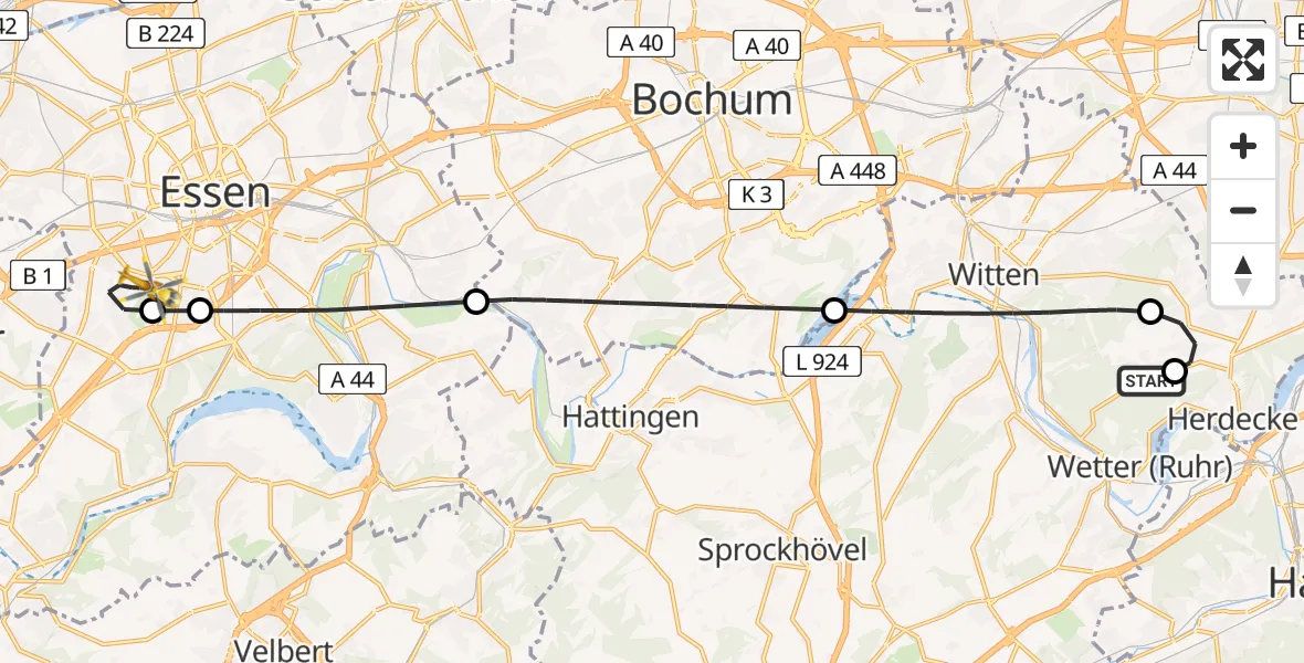 Flugroute Ambulanzhubschrauber Herdecke Community Hospital - Essen, 07 April 2026, 00:49