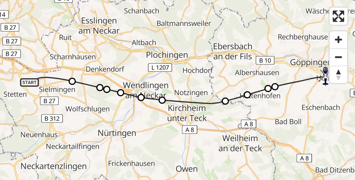 Flugroute Polizeihubschrauber Flughafen Stuttgart - Göppingen, 07 April 2026, 04:59