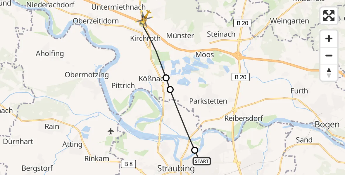 Flugroute Rettungshubschrauber Sankt Elisabeth Hospital Straubing - Kirchroth, 07 April 2026, 04:59