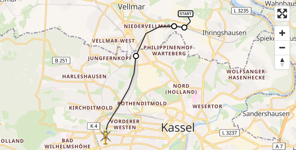 Flugroute Rettungshubschrauber Fuldatal Bundespolizei Hubschrauberlandeplatz - Kassel, 07 April 2026, 05:03