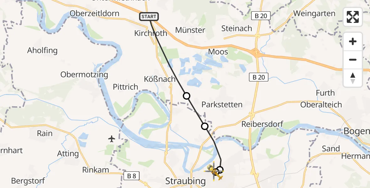 Flugroute Rettungshubschrauber Kirchroth - Sankt Elisabeth Hospital Straubing, 07 April 2026, 05:24