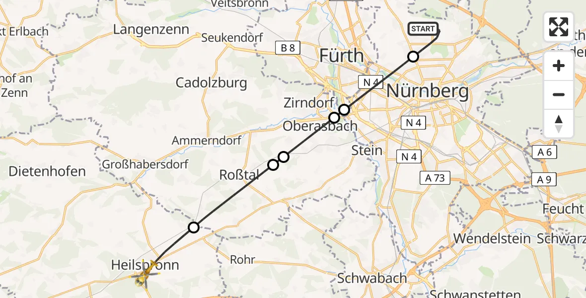 Flugroute Rettungshubschrauber Flughafen Nuremberg - Heilsbronn, 07 April 2026, 05:25