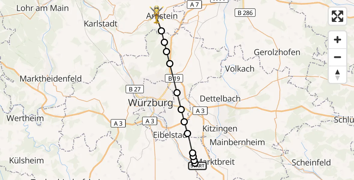Flugroute Rettungshubschrauber Ochsenfurt Hospital - Arnstein, 07 April 2026, 05:26