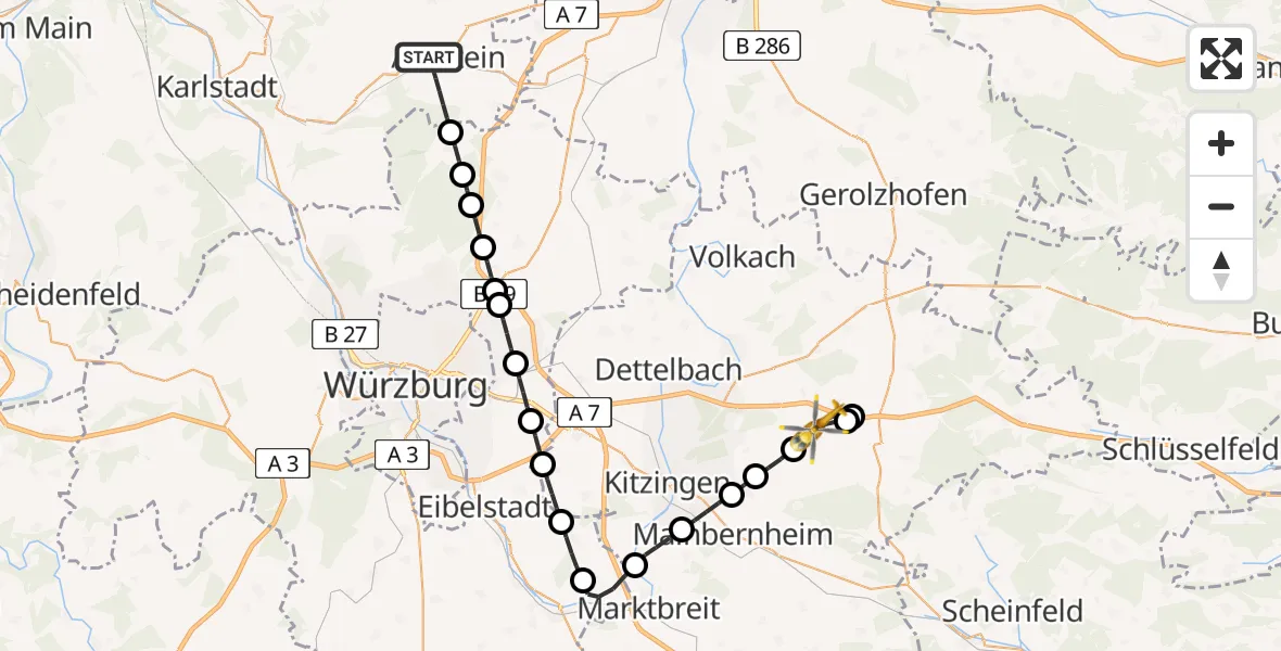 Flugroute Rettungshubschrauber Arnstein - Kleinlangheim, 07 April 2026, 05:57