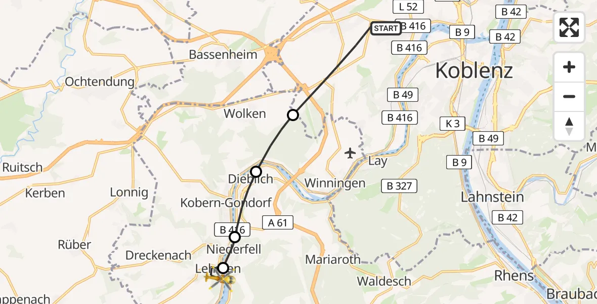 Flugroute Rettungshubschrauber Koblenz - Lehmen, 07 April 2026, 06:03