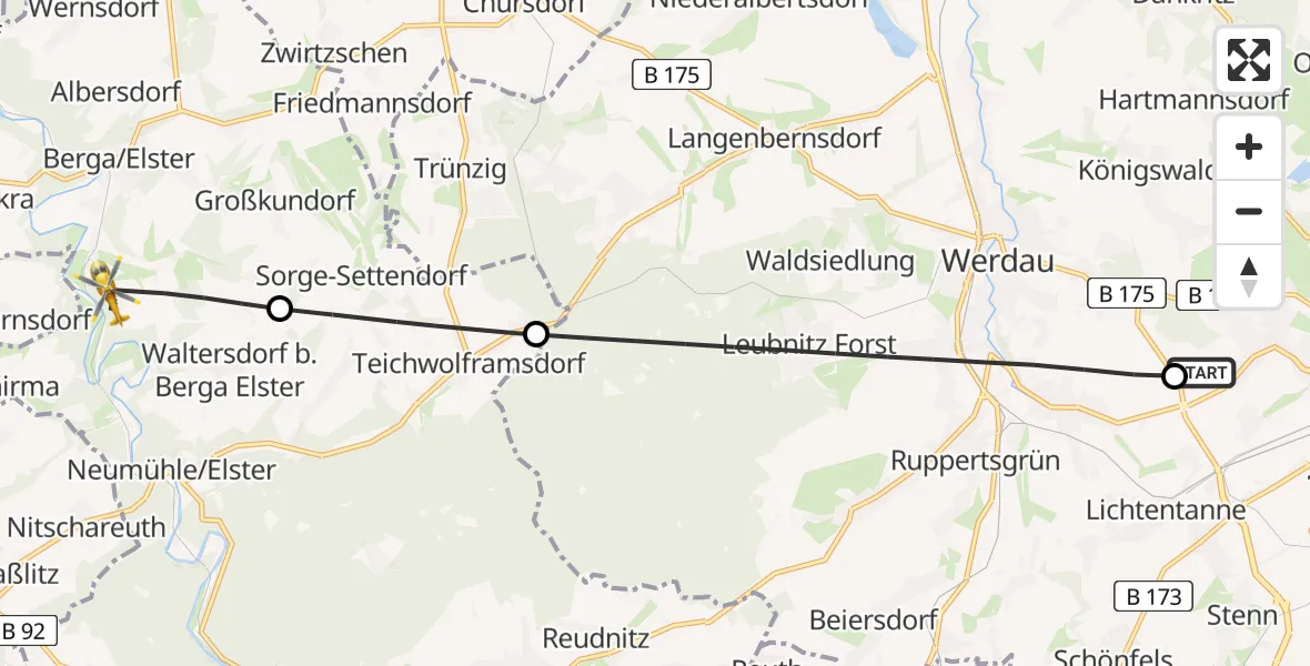 Flugroute Rettungshubschrauber ADAC Air Rescue Station Zwickau Hubschrauberlandeplatz - Berga-Wünschendorf, 07 April 2026, 06:06