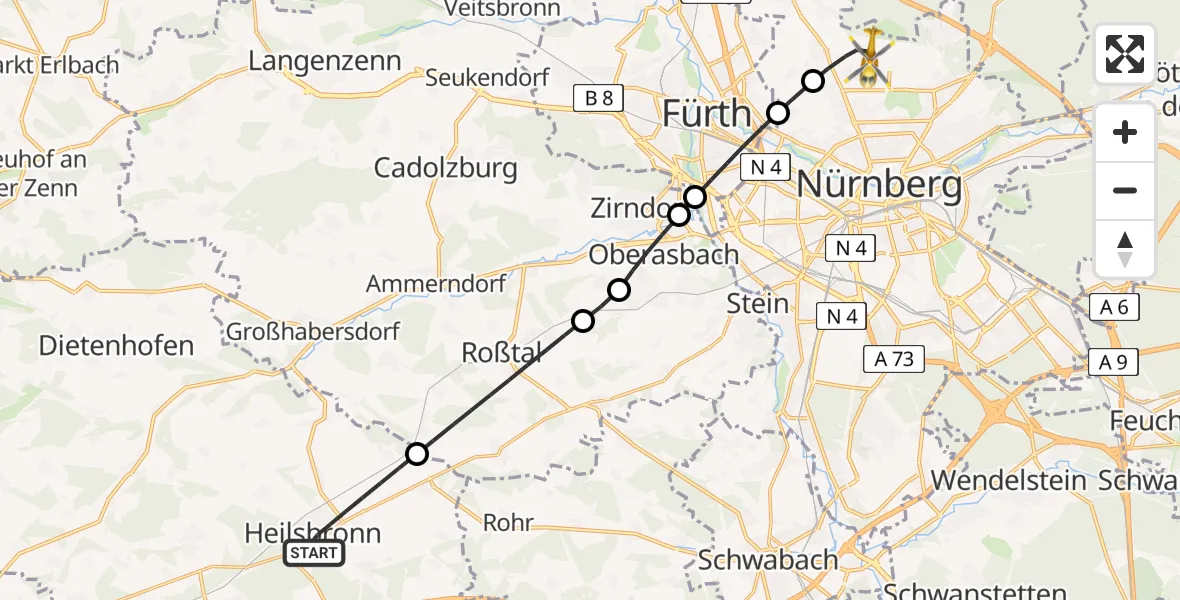 Flugroute Rettungshubschrauber Heilsbronn - Flughafen Nuremberg, 07 April 2026, 06:07