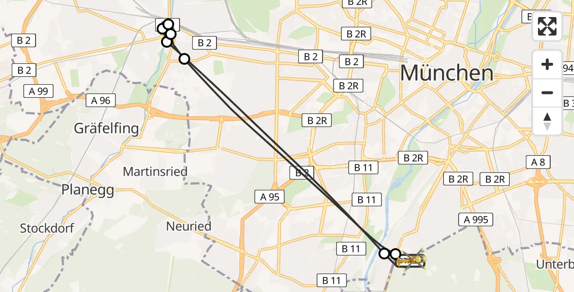 Flugroute Rettungshubschrauber ADAC Air Rescue Center Hubschrauberlandeplatz (Christoph 1) - ADAC Air Rescue Center Hubschrauberlandeplatz (Christoph 1), 07 April 2026, 06:23