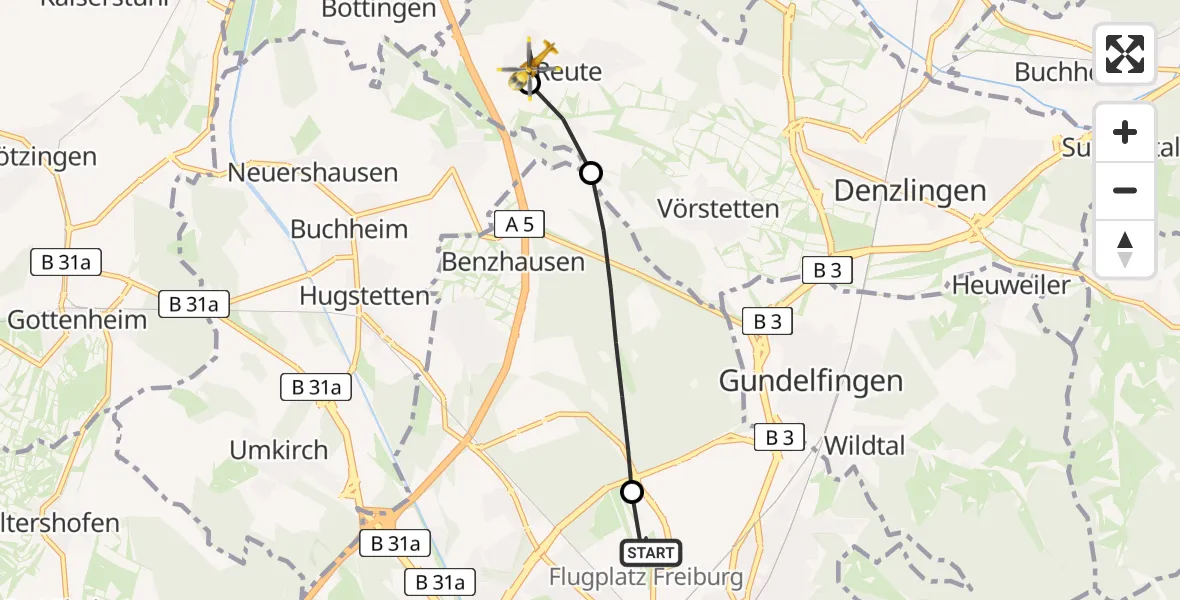 Flugroute Rettungshubschrauber Freiburg im Breisgau Flugplatz - Reute, 07 April 2026, 06:29