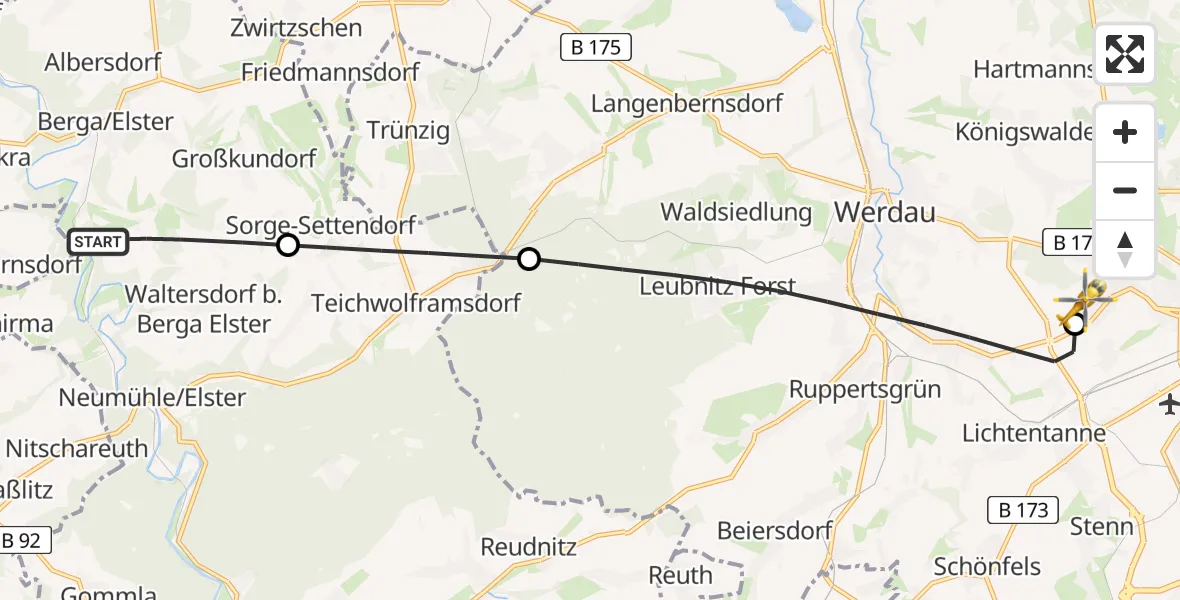 Flugroute Rettungshubschrauber Berga-Wünschendorf - ADAC Air Rescue Station Zwickau Hubschrauberlandeplatz, 07 April 2026, 06:35