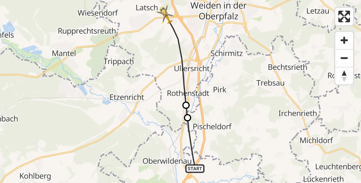 Flugroute Rettungshubschrauber Luhe-Wildenau - Weiden i.d.OPf., 07 April 2026, 06:35