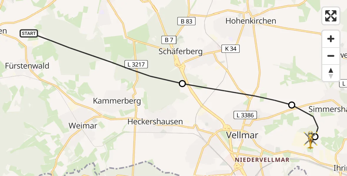 Flugroute Rettungshubschrauber Calden - Fuldatal Bundespolizei Hubschrauberlandeplatz, 07 April 2026, 06:38