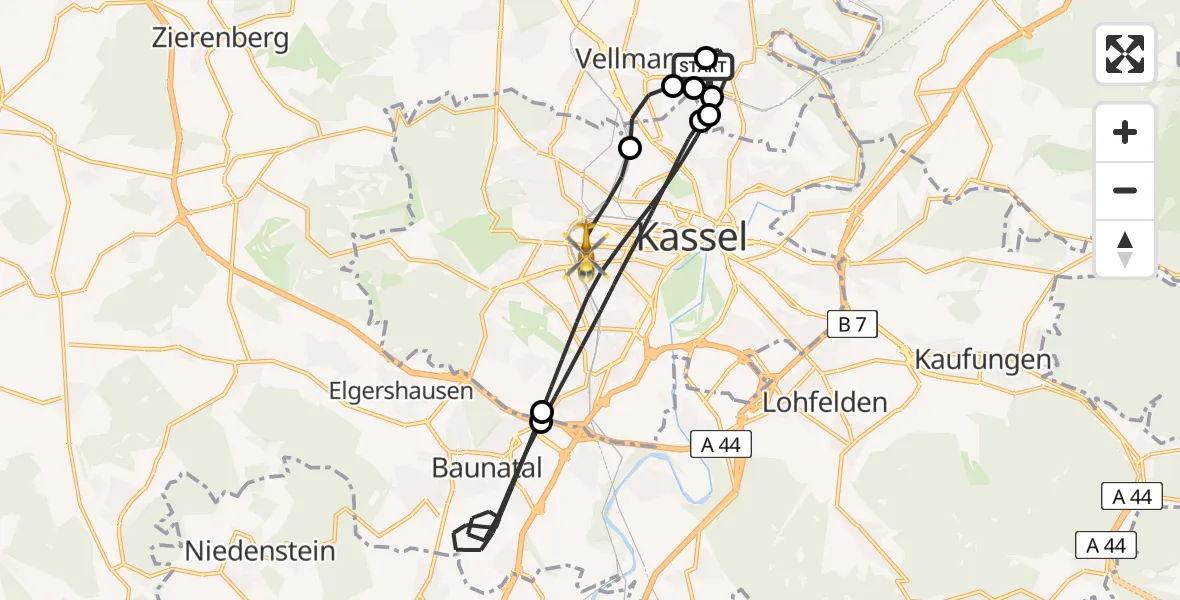 Flugroute Rettungshubschrauber Fuldatal Bundespolizei Hubschrauberlandeplatz - Kassel, 07 April 2026, 06:43