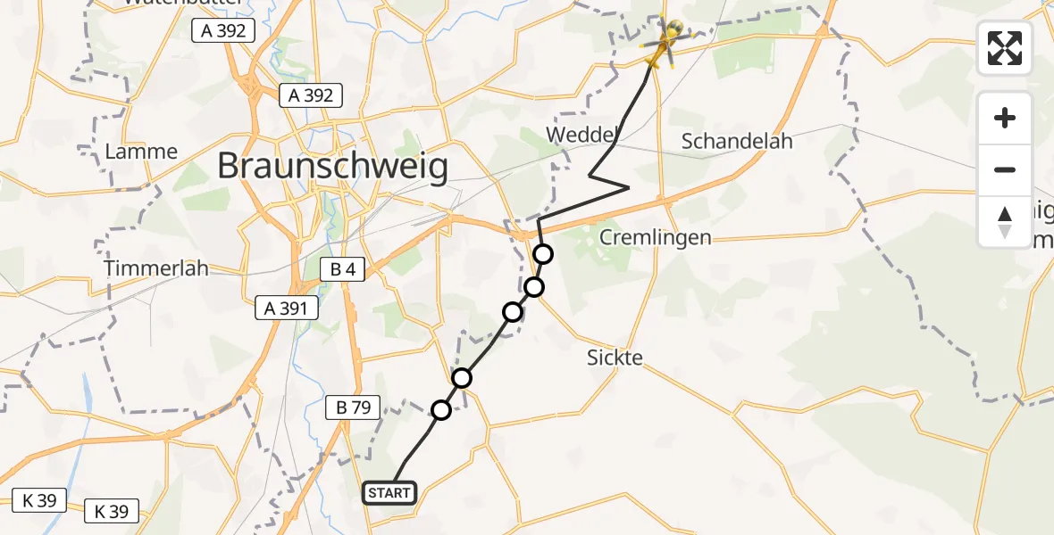 Flugroute Rettungshubschrauber Wolfenbüttel - Cremlingen, 07 April 2026, 06:44