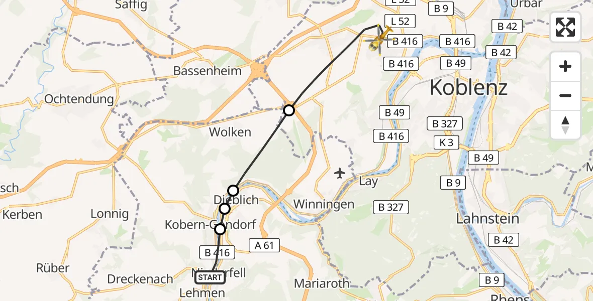 Flugroute Rettungshubschrauber Kobern-Gondorf - Koblenz, 07 April 2026, 07:02