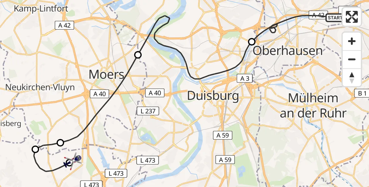 Flugroute Polizeihubschrauber Oberhausen - Krefeld-Egelsberg Flugplatz, 07 April 2026, 07:22