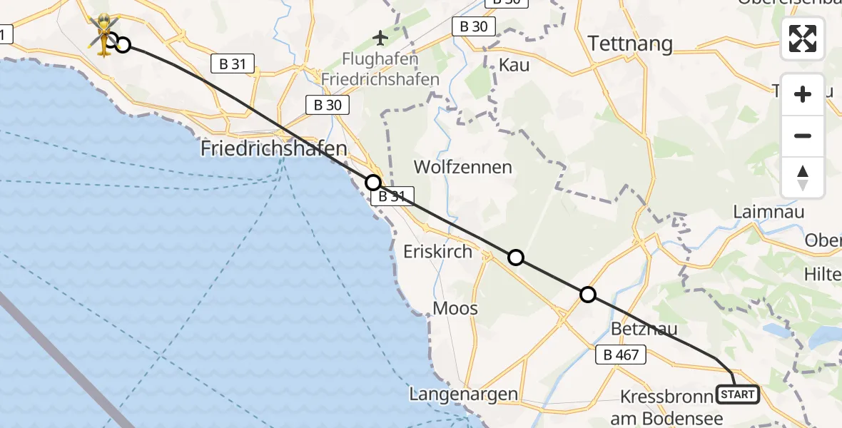 Flugroute Rettungshubschrauber Kressbronn am Bodensee - Friedrichshafen Hospital, 07 April 2026, 07:33