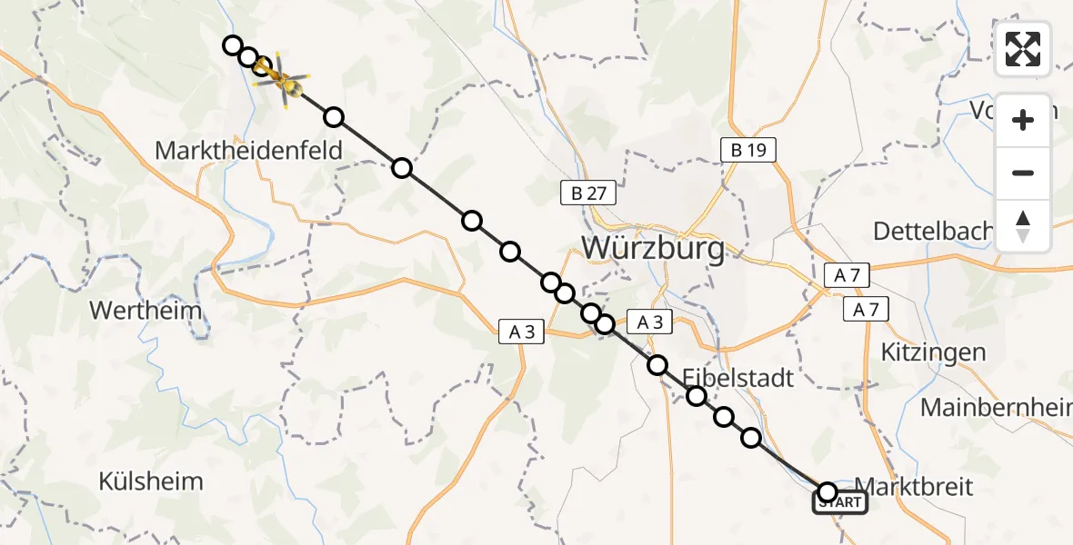 Flugroute Rettungshubschrauber Ochsenfurt Hospital - Karbach, 07 April 2026, 07:36