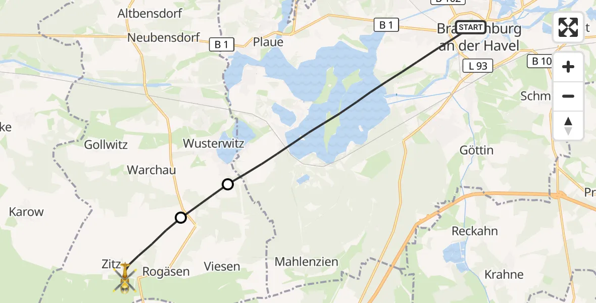Flugroute Rettungshubschrauber Brandenburg an der Havel - Rosenau, 07 April 2026, 07:48