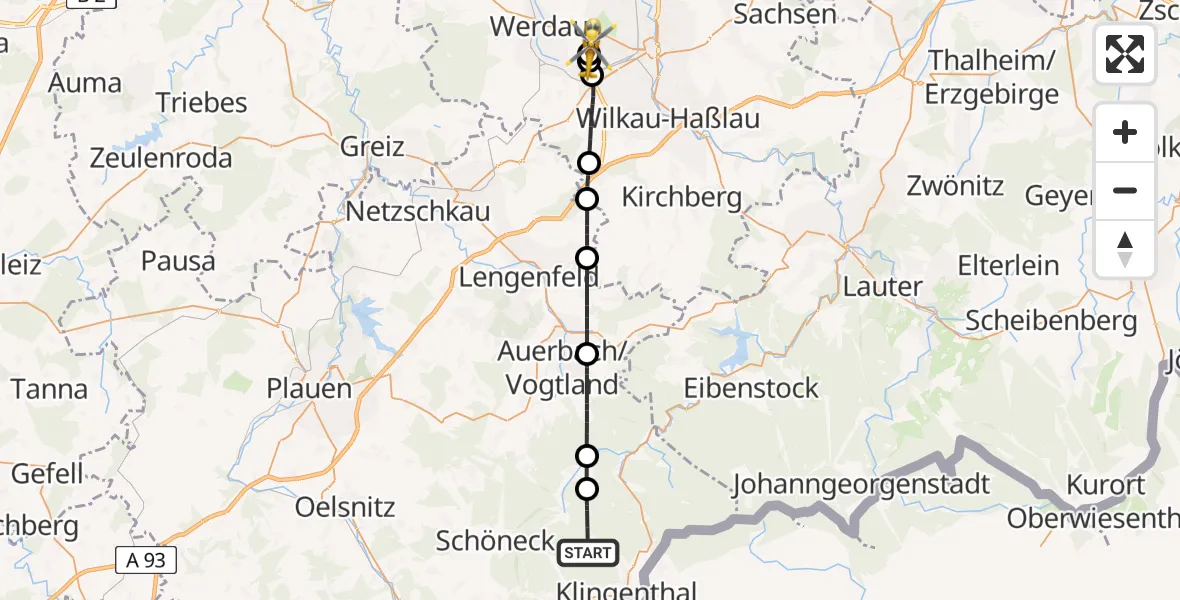 Routekaart van de vlucht: Rettungshubschrauber nach ADAC Air Rescue Station Zwickau Hubschrauberlandeplatz
