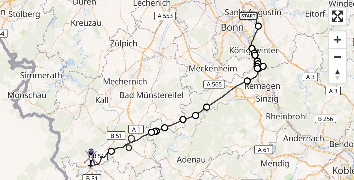 Flugroute Polizeihubschrauber Sankt Augustin - Dahlem, 07 April 2026, 07:56