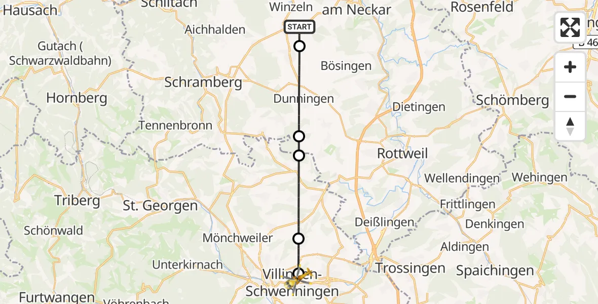 Flugroute Rettungshubschrauber Schramberg - DRF Air Rescue Station Villingen-Schwenningen Hubschrauberlandeplatz (Christoph 11), 07 April 2026, 08:00