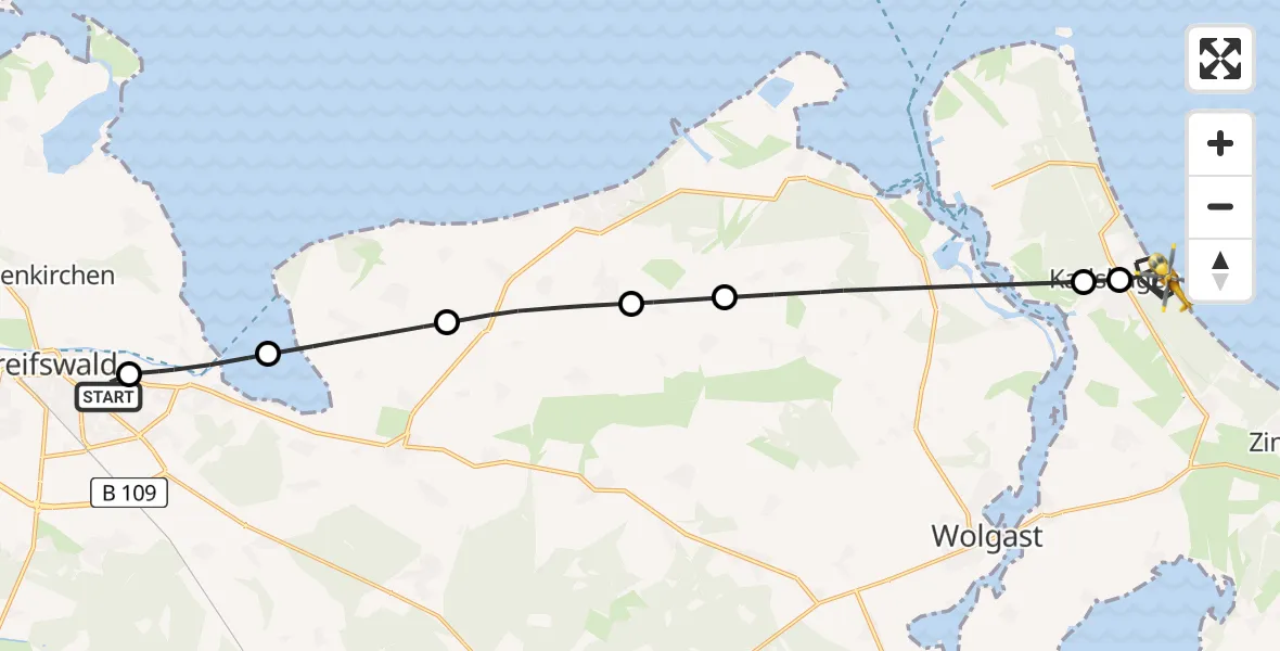 Flugroute Rettungshubschrauber Greifswald Hospital - Karlshagen, 07 April 2026, 08:04