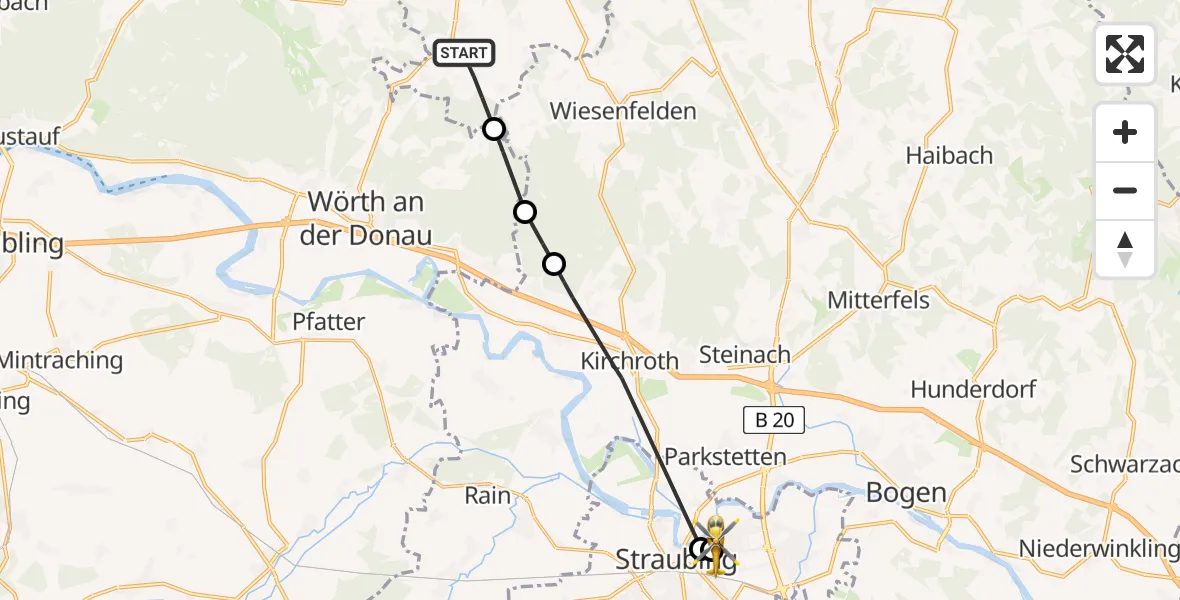 Flugroute Rettungshubschrauber Rettenbach - Sankt Elisabeth Hospital Straubing, 07 April 2026, 08:06