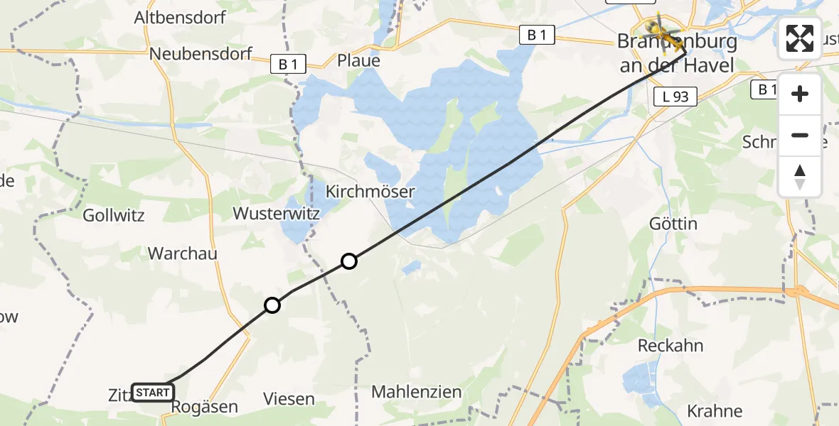 Flugroute Rettungshubschrauber Rosenau - Brandenburg an der Havel, 07 April 2026, 08:20