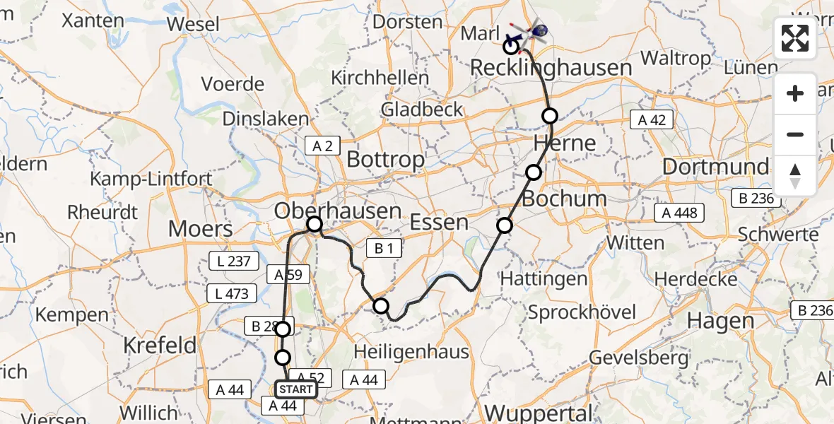 Flugroute Polizeihubschrauber Düsseldorf Flughafen - Marl-Loemühle Flugplatz, 07 April 2026, 08:25