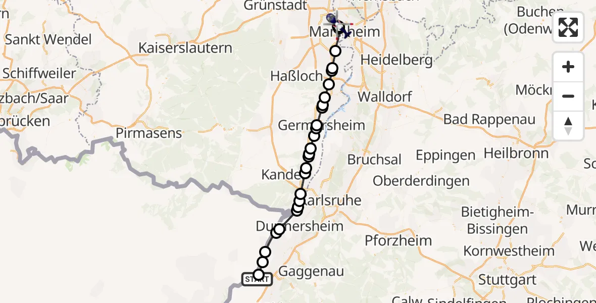 Flugroute Polizeihubschrauber Karlsruhe Baden-Baden Flughafen - Mannheim, 07 April 2026, 08:35