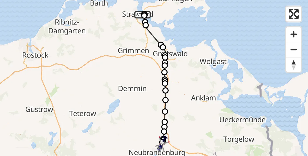 Flugroute Polizeihubschrauber Stralsund - Neubrandenburg Trollenhagen Flughafen, 07 April 2026, 08:45