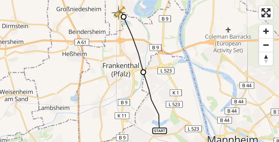 Flugroute Rettungshubschrauber Ludwigshafen am Rhein - Bobenheim-Roxheim, 07 April 2026, 08:47