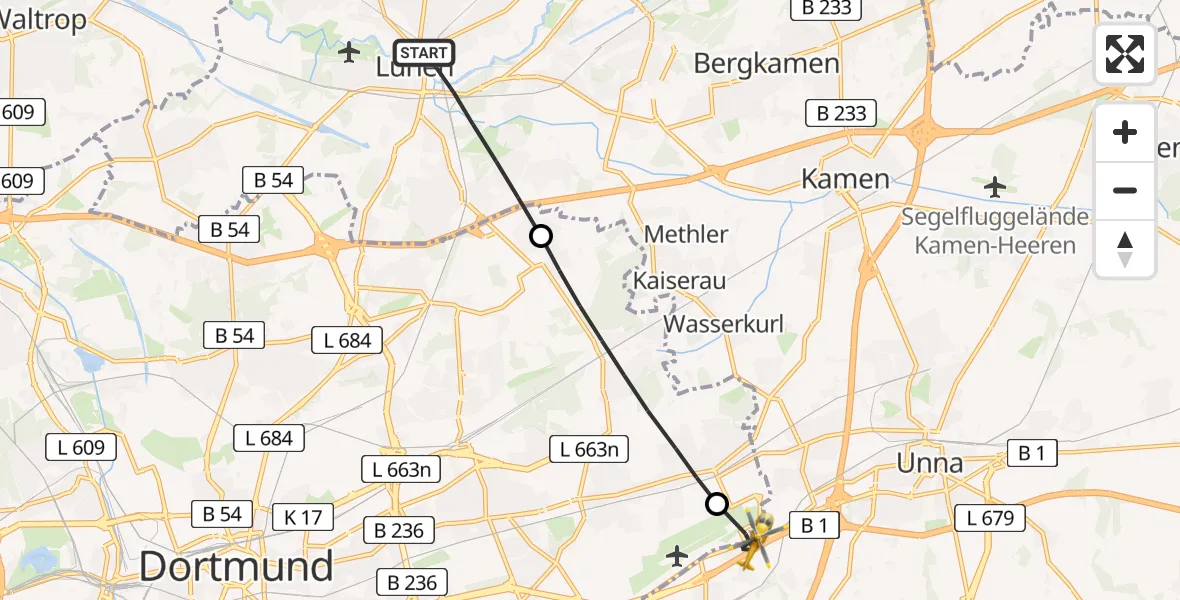 Flugroute Rettungshubschrauber Lünen - Dortmund Flughafen, 07 April 2026, 08:55