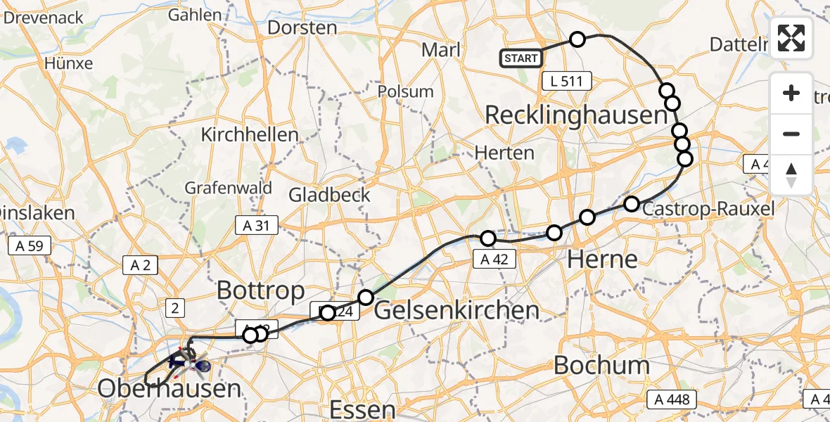 Flugroute Polizeihubschrauber Marl - Oberhausen, 07 April 2026, 08:58