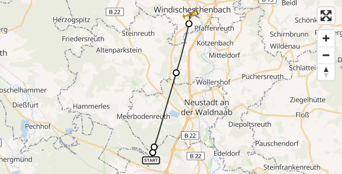 Flugroute Rettungshubschrauber Weiden i.d.OPf. - Windischeschenbach, 07 April 2026, 09:06