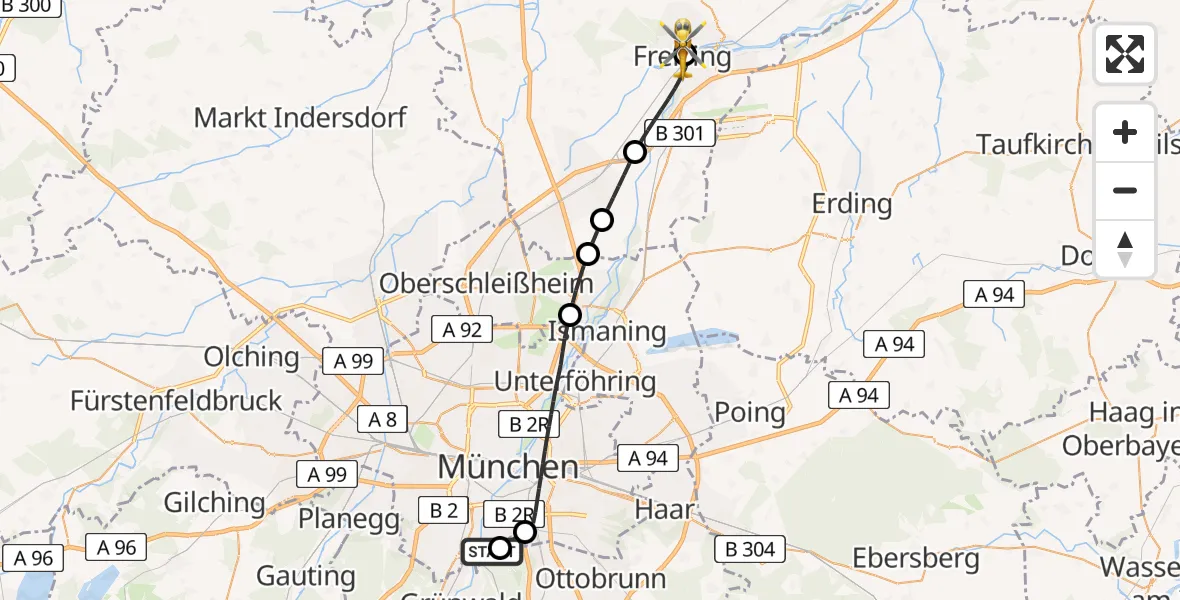 Flugroute Rettungshubschrauber ADAC Air Rescue Center Hubschrauberlandeplatz (Christoph 1) - Freising Clinic Hubschrauberlandeplatz, 07 April 2026, 09:06