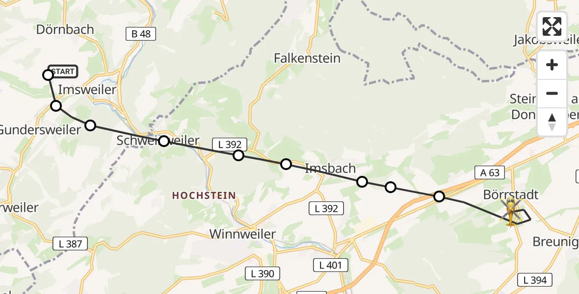 Flugroute Rettungshubschrauber Imsweiler UL - Börrstadt, 07 April 2026, 09:07