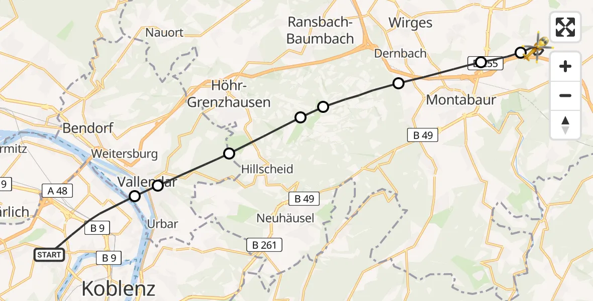 Flugroute Rettungshubschrauber Koblenz - Ruppach-Goldhausen, 07 April 2026, 09:09