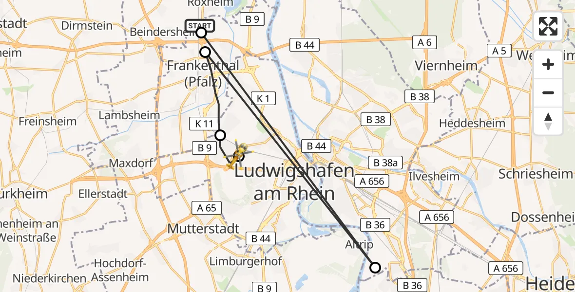 Flugroute Rettungshubschrauber Bobenheim-Roxheim - Ludwigshafen Accident Hospital Hubschrauberlandeplatz, 07 April 2026, 09:19
