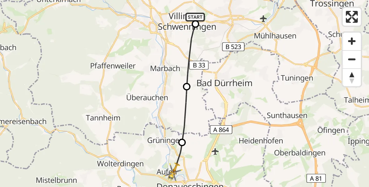Flugroute Rettungshubschrauber DRF Air Rescue Station Villingen-Schwenningen Hubschrauberlandeplatz (Christoph 11) - Donaueschingen, 07 April 2026, 09:23