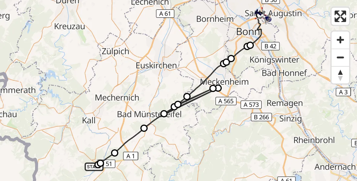 Flugroute Polizeihubschrauber Dahlem - Sankt Augustin, 07 April 2026, 09:23